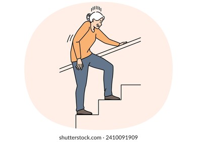 Unhealthy elderly woman walking upstairs suffer from pain or ache. Unwell mature grandmother struggle climbing staircase indoors. Vector illustration.