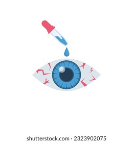 Unhealthy eye. Drops medicine into the eye with a pipette. Eye treatment. Drop of medicine. Vector illustration flat design. Isolated on white background.