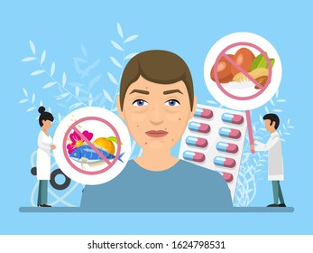 Unhealthy face with allergy and allergens vector illustration. Man with allergy symptoms on his face, medicine and tiny doctors show prohibited food and things