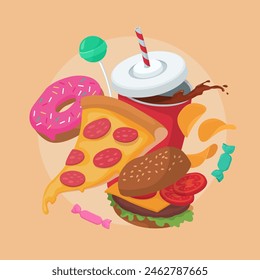 Unhealthy fast food, snacks and take away soft drink: diet and nutrition concept