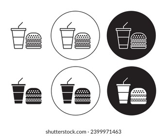 Unhealthy Fast food vector icon set. Junk foodstuff symbol. Hamburger and beverage drink fast food sign suitable for apps and websites UI designs.