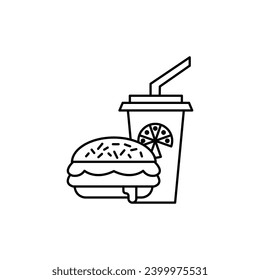 Unhealthy Fast food vector icon. Junk foodstuff symbol. Hamburger and beverage drink fast food sign in black and white color.