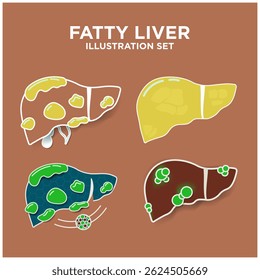 Unhealthy Fatty liver disease  illustration set. Damaged liver  with fat deposits in different colors. with and without shadows. Cartoon Liver damage.  Vector Illustration.