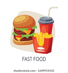 Unhealthy Food for Brain, Fast Food, Burger, French Fries, Soda Drink Vector Illustration
