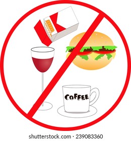 Unhealthy food and drink. Forbidden food. Glass of wine. Cup of coffee. Vector hamburger. A pack od cigarettes.
