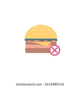 Unhealthy food icon - hamburger with prohibition cross sign flat vector illustration isolated on white background. Junk fast food high calories fat food symbol.