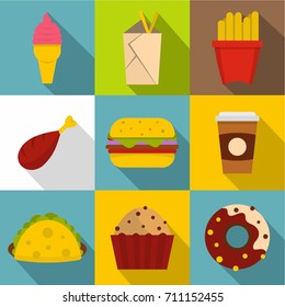Unhealthy food icon set. Flat style set of 9 unhealthy food vector icons for web design