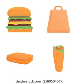 Unhealthy food icons set cartoon vector. Hot dog burger burrito and package. Junk nutrition, street food