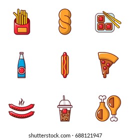 Unhealthy food icons set. Flat set of 9 unhealthy vector icons for web isolated on white background