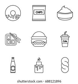 Unhealthy food icons set. Outline set of 9 unhealthy food vector icons for web isolated on white background