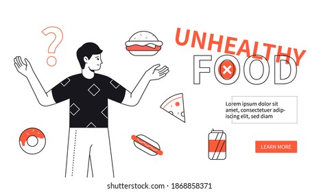 Unhealthy food - modern flat design style web banner with line elements and copy space for text. An illustration with a boy, hot dog, hamburger, pizza, donut. Dieting, nutrition, weight control idea