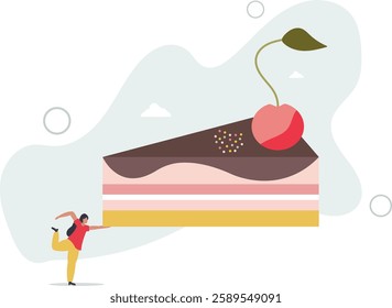 Unhealthy food nutrition. Weight loss diet, balanced healthy products.young woman with a piece of cake.flat character life .