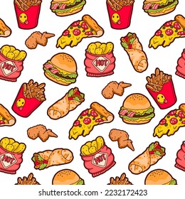 Unhealthy food pattern. Seamless print of junk food, hot dog, sweet donut, french fries. Cartoon burger and tasty pizza. Cafe background, products wrapping paper. Vector texture isolated