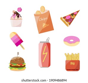 Unhealthy Food, A Set Of Eight Elements Of Improper Nutrition - Burgers, Fries, Pizza, Chips, Soda, Ice Cream, Donuts And Cake.  Colored Flat Vector Illustration Isolated On White Background

