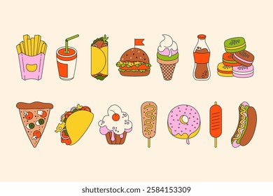 Unhealthy food set. Fastfood meal cartoon style, snacks and beverages pizza burger french fries hot dog chips soda, junk food fat eating flat style. Vector isolated collection