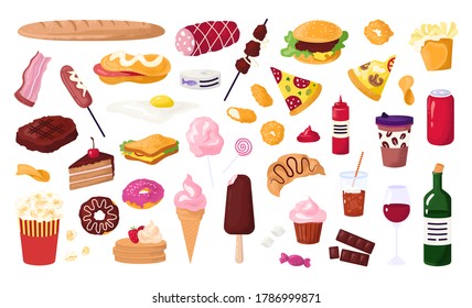 Unhealthy food for street cafe, fast food icons set with hamburger, sausage, sandwich,french fries and donut, soda, pizza isolated vector illustration. Unhealthy food snacks.