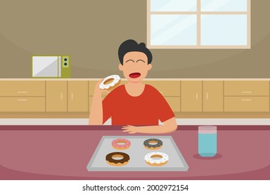 Unhealthy food vector concept: Young man eating many donuts with a glass of water while sitting at home  