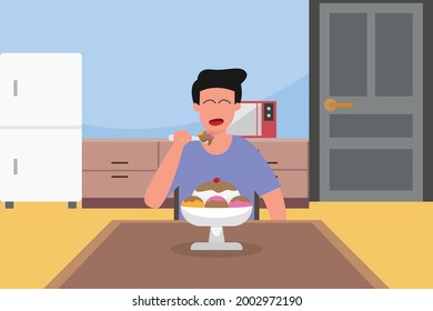 Unhealthy food vector concept: Young man eating a cup of ice cream while sitting at home 