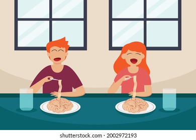 Unhealthy Food Vector Concept: Young Couple Eating Noodle Together While Sitting At Home 