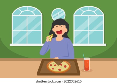 Unhealthy food vector concept: Young woman eating a plate of pizza and a glass of soda at home