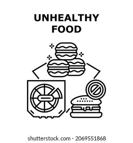 Unhealthy Food Vector Icon Concept. Pizza, Burger Hamburger And Cakes Unhealthy Food. Macaroons, Donut And Cheeseburger, Pastry And Junk Nutrition And Fat Product Black Illustration