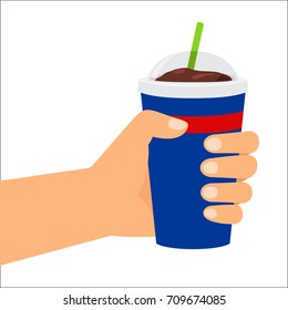 Unhealthy Food. Vector Illustration, Hand Holding Plastic Cup With Cola