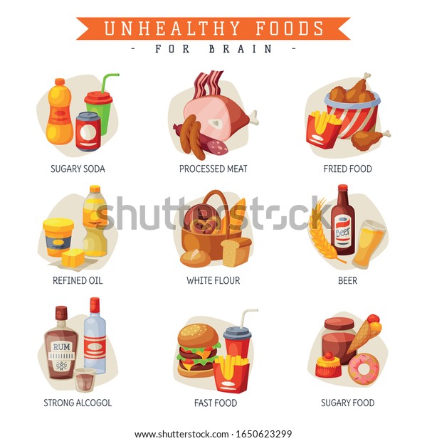 Unhealthy Foods for Brain, Sugary Soda and\
Food, Processed Meat, Fried Food, Refined Oil, White Flour, Beer,\
Strong Alcohol, Fast Food Vector\
Illustration