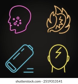 Unhealthy gut neon icon set. Stomach heartburn, allergy, headache and fatigue. Vector illustration.