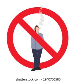 Unhealthy habit prohibit, interdiction smoking male, vector illustration ban smoke area, not smoking, smoker prohibition, cross man with cigarette, smoker banned