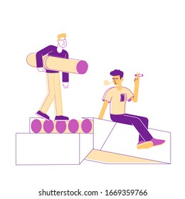Unhealthy Habit, Smoking Nicotine Tobacco Addiction Concept. Tiny Male Characters Sitting on Huge Cigarette Box and Smoking. People Having Pleasure of Smoker Lifestyle. Linear Vector Illustration