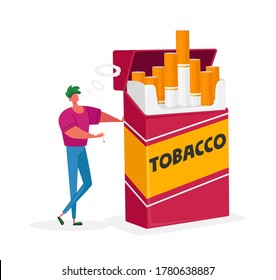 Unhealthy Habit, Smoking Nicotine Tobacco Addiction Concept. Tiny Male Character Stand Huge Cigarette Box and Smoke. Man Get Pleasure of Smoker Lifestyle, Social Problem. Cartoon Vector Illustration