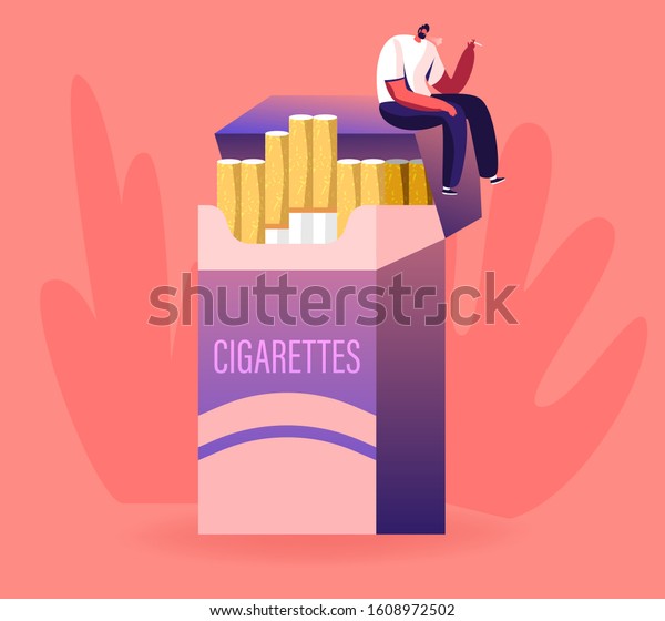 不健康な習慣 喫煙 ニコチンたばこ中毒のコンセプト 巨大なたばこの箱に座ってタバコを吸っている小さな男性 のキャラクター 喫煙生活を楽しむ人 カートーンのフラットベクターイラスト のベクター画像素材 ロイヤリティフリー