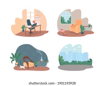 Unhealthy habits 2D vector web banner, poster set. Home interior and outdoors space flat scene on cartoon background. Smokers room, public park printable patch, colorful web element collection