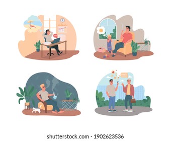 Ungesunde Gewohnheiten 2D Vektor Web-Banner, Poster-Set. Aufschub am Arbeitsplatz. Enthält flache Zeichen auf Cartoon-Hintergrund. Falscher Lifestyle-bedruckbarer Patch, bunte Kollektion von Webelementen