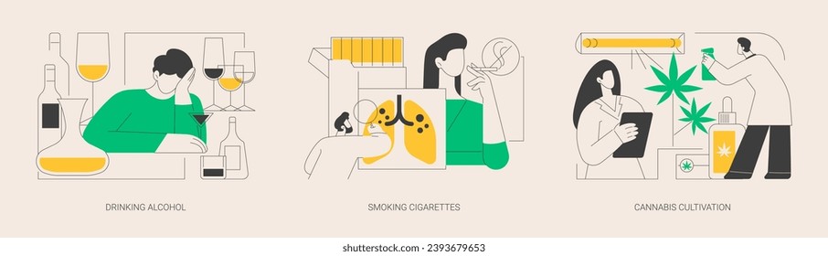 Hábitos poco saludables abstracto concepto de ilustración vectorial conjunto. Consumo de alcohol, cigarrillos para fumar, cultivo de cannabis, rehabilitación de adicciones, riesgo para la salud, metáfora abstracta de la marihuana médica.
