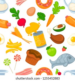 Unhealthy and healthy food and products seamless pattern vector beetroot and sausage can with coke beverage and fish French fries avocado with seed and bacon strawberry and apple fresh fruits.