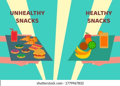 Unhealthy and healthy snacks comparison vector concept: unidentified people holding two different trays, each filled with junk foods and fruits