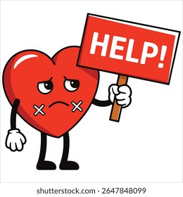 Mascote do coração doentio com expressão triste, ilustração vetorial. Ideal para conscientização sobre saúde cardíaca, conceitos de assistência médica e visuais de prevenção de doenças.