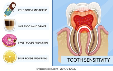 Ungesunder menschlicher Zahn. Zahn-Empfindlichkeit löst aus. Schwere Schmerzen beim Essen einiger Arten von Lebensmitteln. Illustration Gesundheitswesen, Vektorgrafik. 