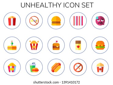 unhealthy icon set. 15 flat unhealthy icons.  Collection Of - popcorn, sandwich, no smoking, hamburguer, burger, bacon, chocolate, sick, fast food, hot dog