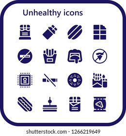  unhealthy icon set. 16 filled unhealthy icons. Simple modern icons about  - Chocolate, Hot dog, No smoking, French fries, No fast food, Chip, No smoke, Doughnut, Cigarette, Hotdog