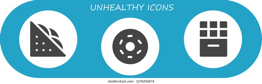  unhealthy icon set. 3 filled unhealthy icons. Simple modern icons about  - Sandwich, Doughnut, Chocolate