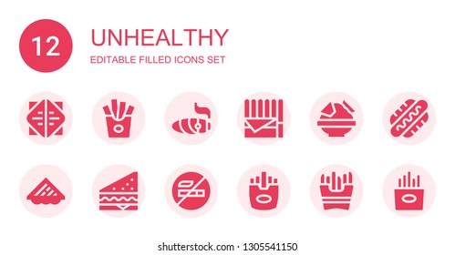 unhealthy icon set. Collection of 12 filled unhealthy icons included Sandwich, Fries, Cigar, Chocolate, Nachos, No smoking, French fries, Hot dog