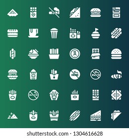 unhealthy icon set. Collection of 36 filled unhealthy icons included Sandwich, Hotdog, French fries, Fries, Chocolate, Popcorn, No smoking, Cigar, Hamburguer, Nachos, Hot dog