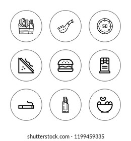 Unhealthy icon set. collection of 9 outline unhealthy icons with chip, chips, chocolate, hamburguer, french fries, sandwich icons. editable icons.