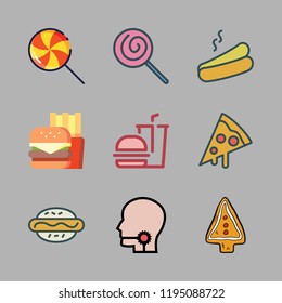 unhealthy icon set. vector set about pizza, cookie, lollipop and sore throat icons set.