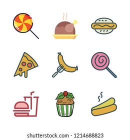 unhealthy icon set. vector set about cupcake, lollipop, chicken and hot dog icons set.
