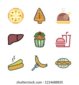 unhealthy icon set. vector set about cupcake, sausage, hot dog and hamburger icons set.