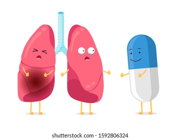 Unhealthy illness and strong healthy lungs character with smiling pill drug. Suffering sick cartoon pneumonia lung mascot and antibiotic capsule. Human respiratory internal organ vector illusrtation