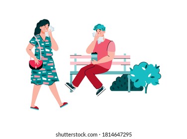 Unhealthy infected people in public place having hazard of infection and virus spreading, flat cartoon vector illustration isolated on white background.